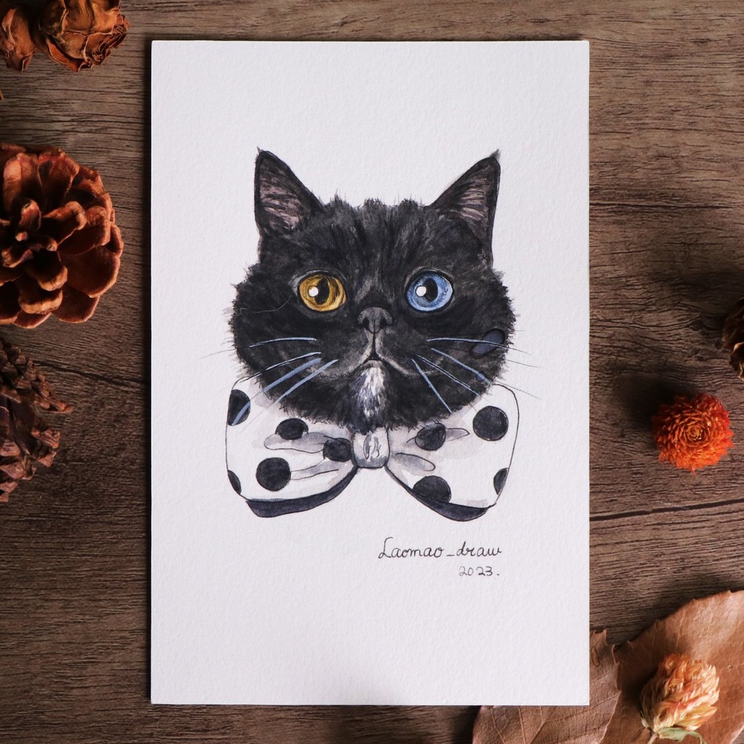 水彩插画原画稿 猫咪头像 4X6 6寸 3003 黑猫猫与蝴蝶结领 - 海报/装饰画/版画 - 纸 