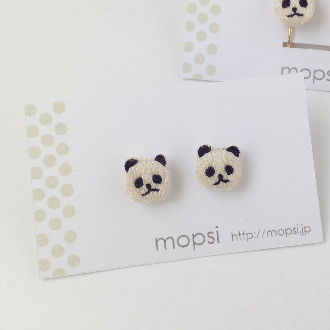 Panda embroidery earrings / Clip-On - 耳环/耳夹 - 绣线 白色