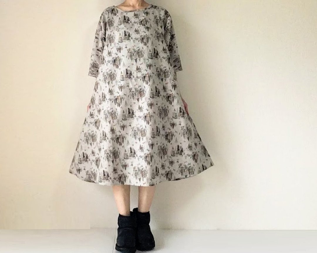Northern European Forest Flare One Piece Dress Cotton Linen Brown Tree - 洋装/连衣裙 - 棉 咖啡色