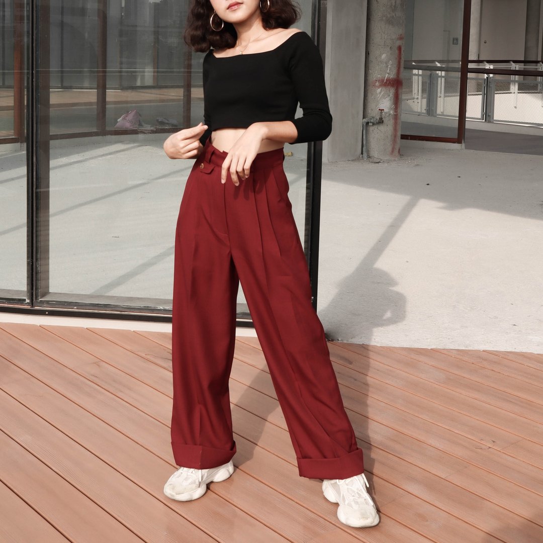 High waist Uncle trouser : Red wine - 女装长裤 - 其他材质 红色