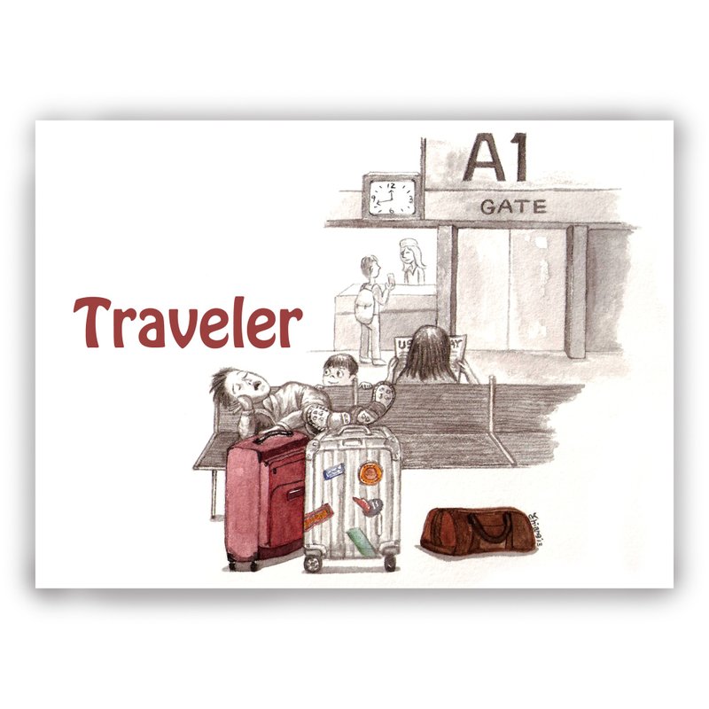 手绘插画万用卡/卡片/明信片/插画卡-旅人 旅行 旅游 机场 行李箱 - 卡片/明信片 - 纸 多色