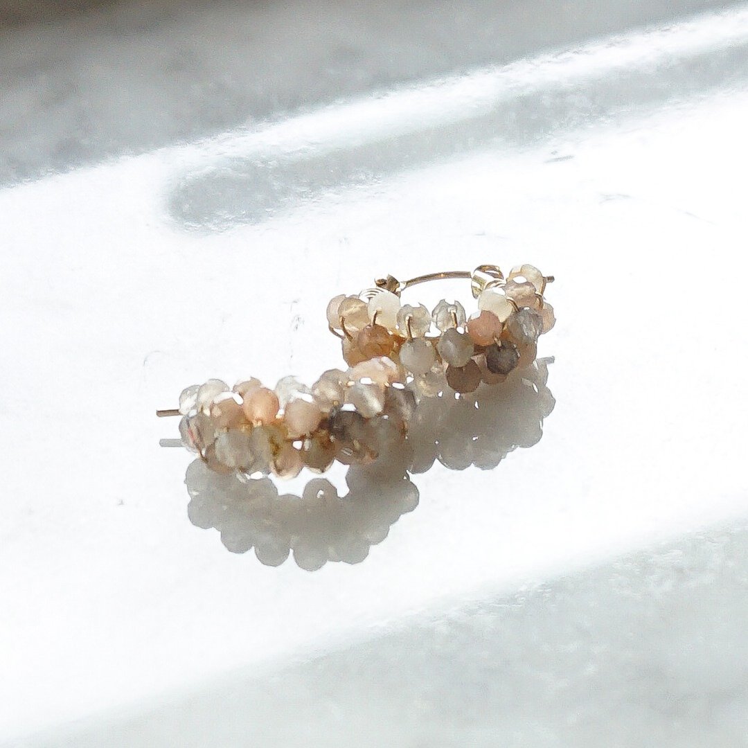 14kgf multi colors Moonstone pave pierced earrings / clip on - 耳环/耳夹 - 宝石 橘色