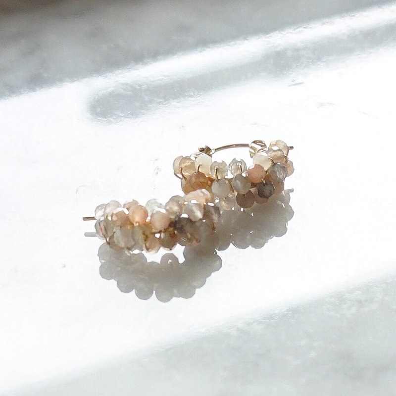 14kgf multi colors Moonstone pave pierced earrings / clip on - 耳环/耳夹 - 宝石 橘色