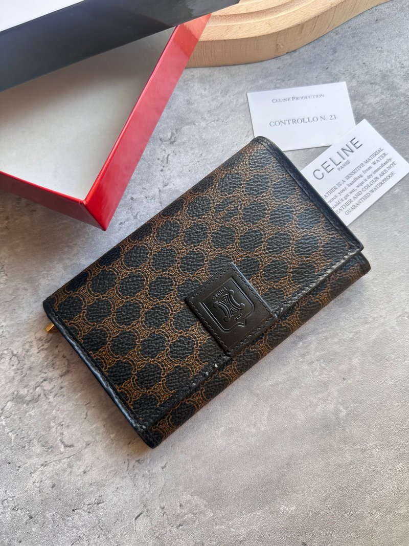 Vintage Celine 黑花中夹中长钱包 - 皮夹/钱包 - 防水材质 