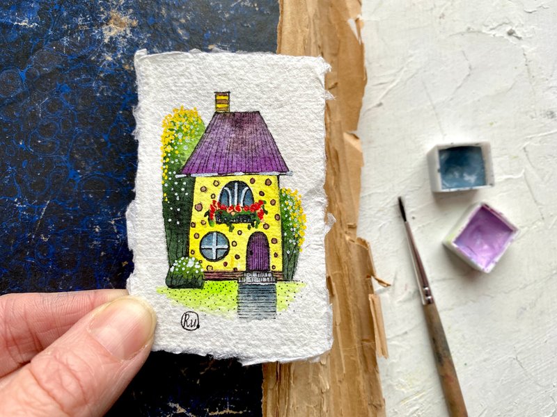 Miniature painting of house Original art Mini artwork Watercolor art by Rubinova - 海报/装饰画/版画 - 纸 多色