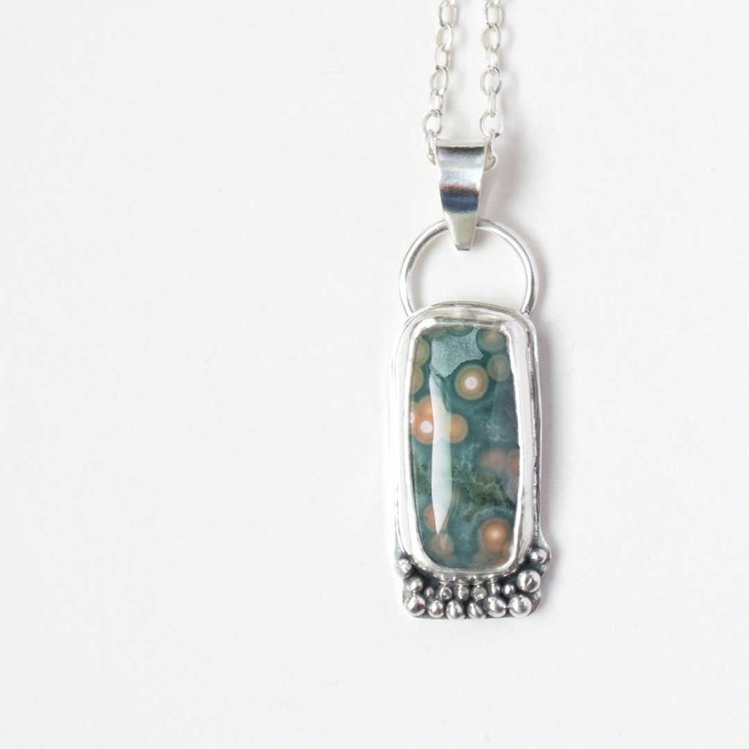 海洋碧玉纯银坠 Ocean jasper silver pendant - 项链 - 宝石 绿色
