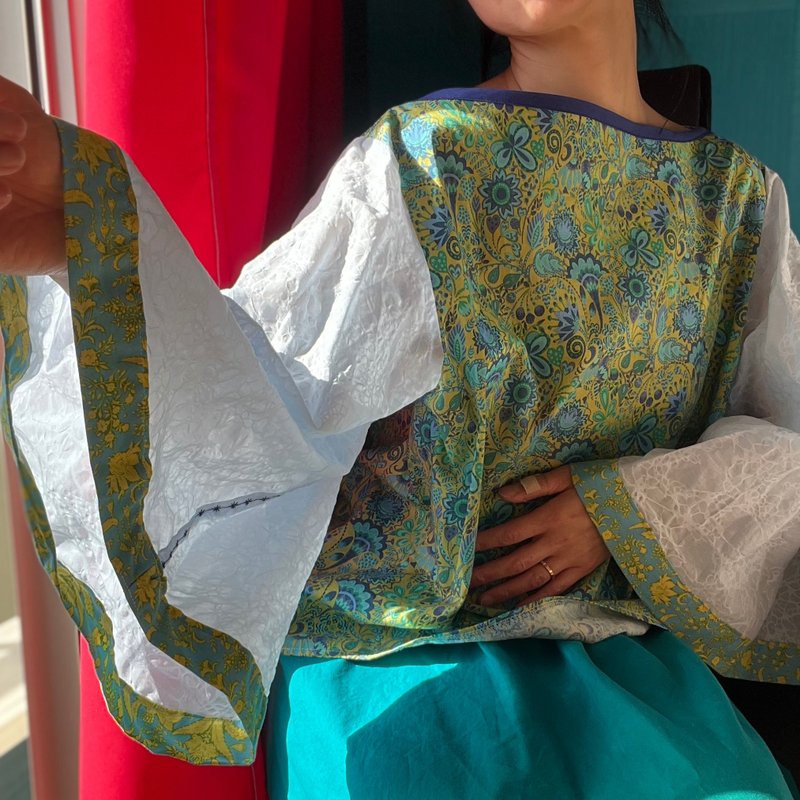 衬托颈部线条的东方凉感和服袖衬衫 - 女装衬衫 - 棉．麻 蓝色