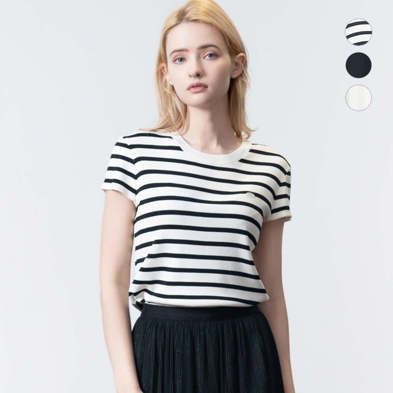 【ICare】法式圆领后排扣短袖针织上衣 - 3色(F) | 女休闲上衣 - 女装 T 恤 - 聚酯纤维 白色