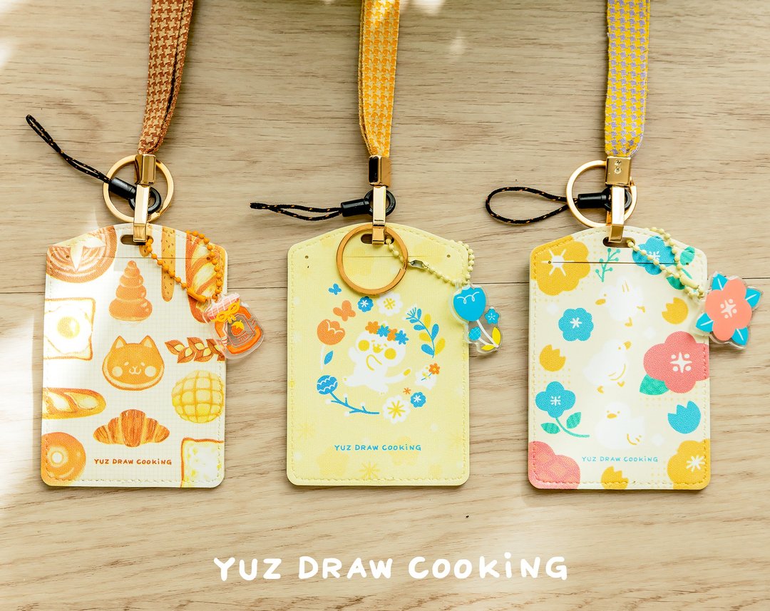 皮革通勤卡套工作证-赠压克力吊饰+千鸟格颈挂-Yuz Draw Cooking - 证件套/卡套 - 人造皮革 橘色