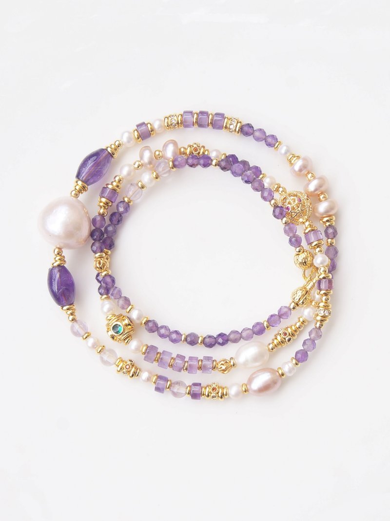 天然紫水晶珍珠项链 国风多宝串珠长项链 巴洛克珍珠复古毛衣链 - 项链 - 水晶 金色