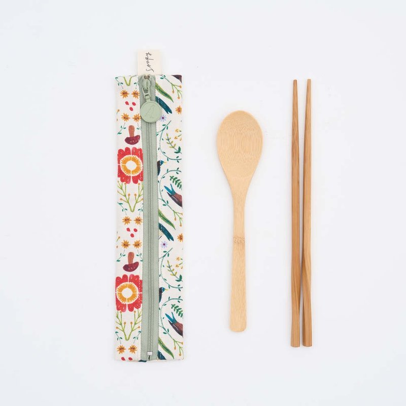 拉链餐具袋(含餐具)/艺术家联名/印花乐 x Soupy Tang/森林万花筒 - 餐刀/叉/匙组合 - 棉．麻 多色