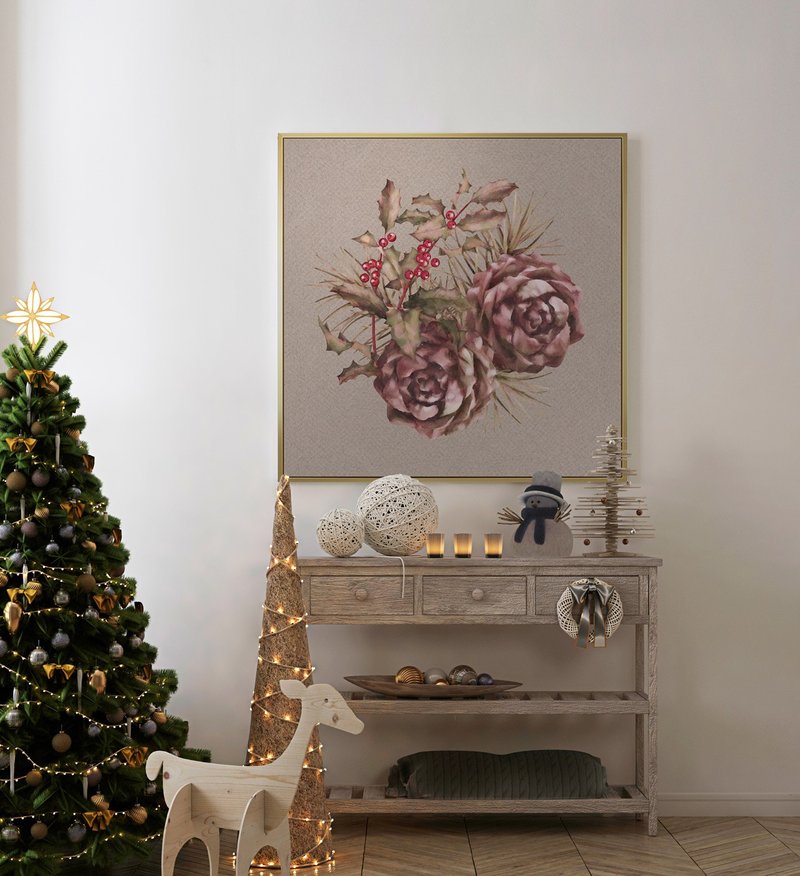 圣诞节的祝福－松果与冬青树-怀旧松果耶诞装饰画/圣诞布置/送礼 - 海报/装饰画/版画 - 棉．麻 多色