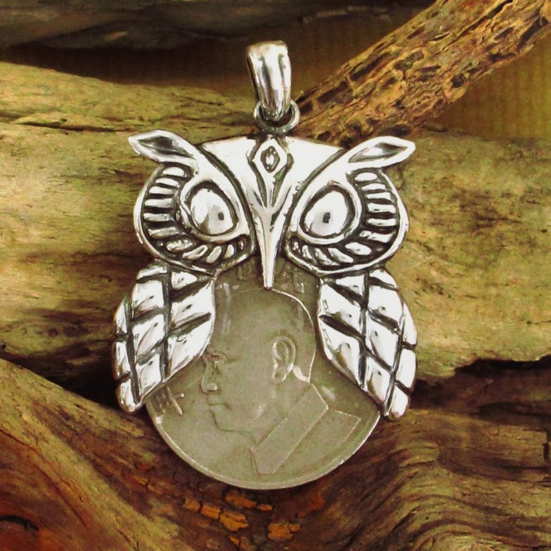 丛林风钱夹 猫头鹰银元 钱夹银墬(不含链)-64DESIGN - 项链 - 纯银 灰色