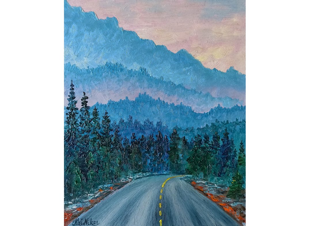 Road Painting Impasto Oil Painting Foggy Forest Original Artwork Travel Art - 海报/装饰画/版画 - 其他材质 蓝色
