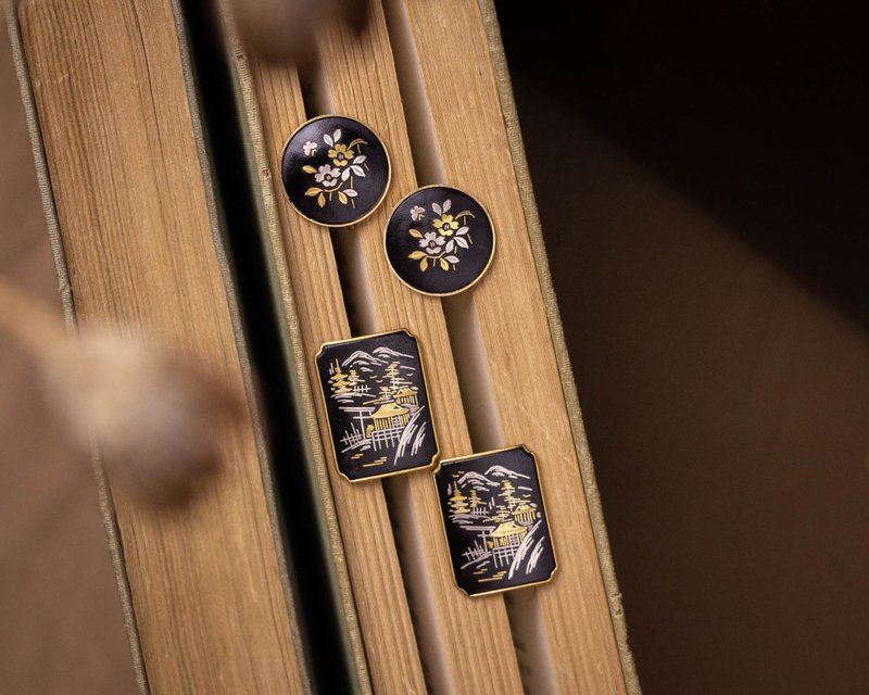 日本Amita古董象嵌 24K金/纯银镶嵌工艺 椿花与阁寺风景 耳栓耳夹 - 耳环/耳夹 - 24k 金 金色