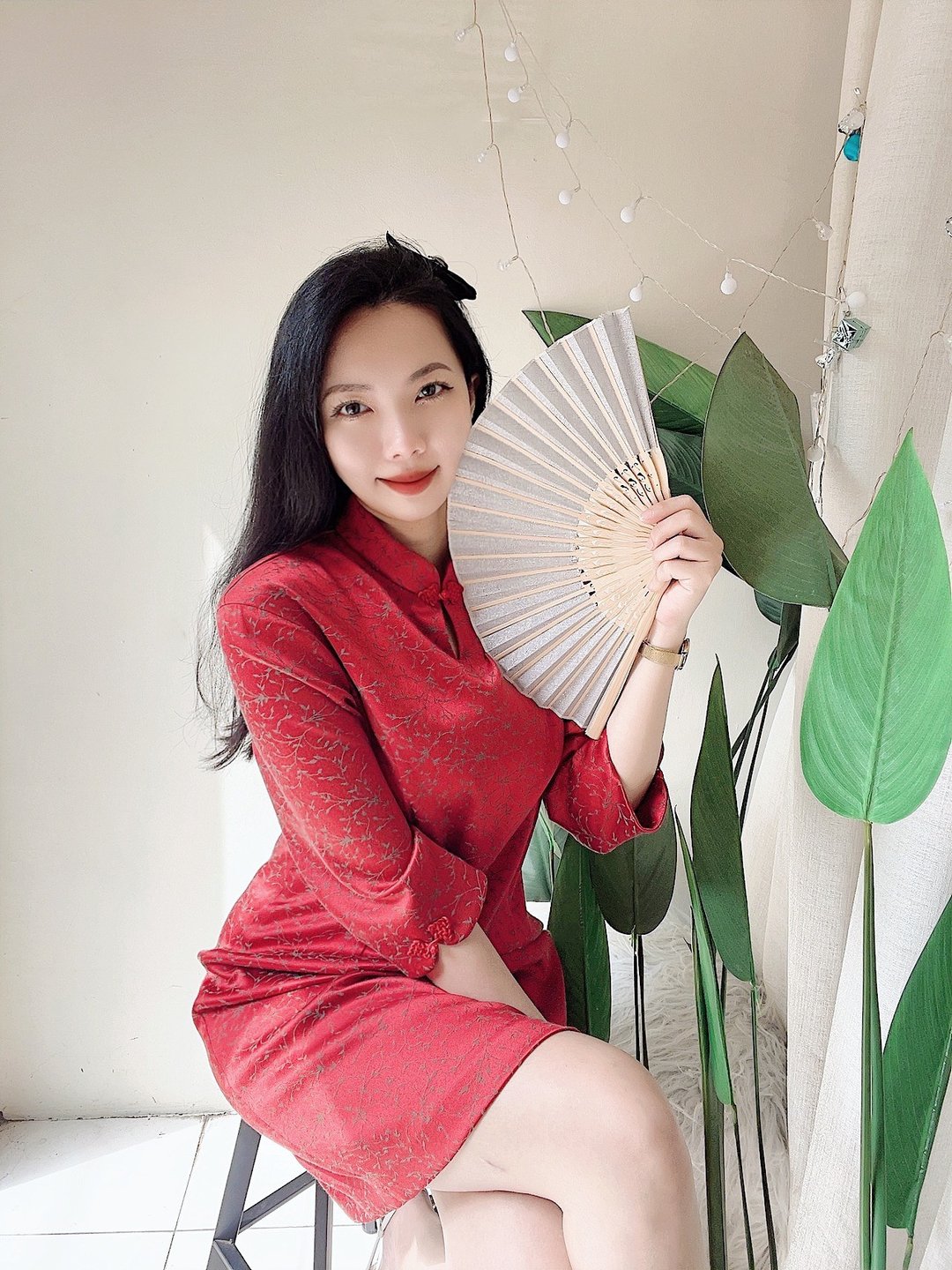 烈焰火红旗袍式七分袖少女 古董古着光泽缎面洋装连衣裙 vintage - 洋装/连衣裙 - 聚酯纤维 红色
