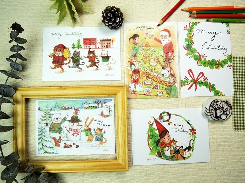 手绘风圣诞明信片。一套5张 - 卡片/明信片 - 纸 多色