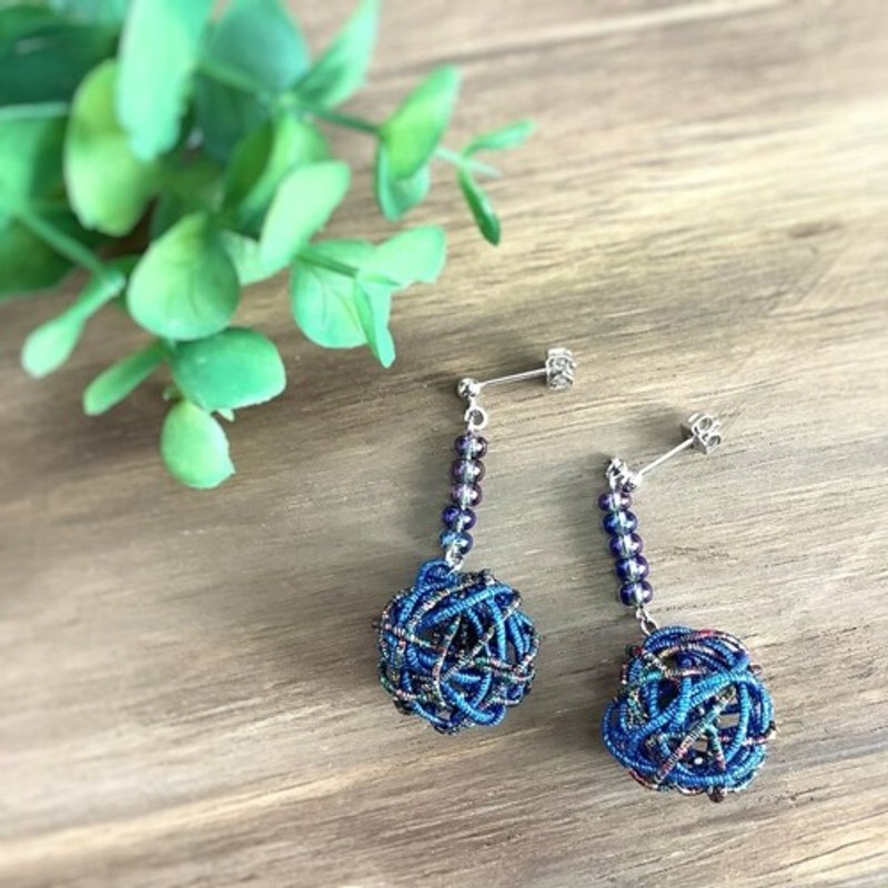 水引 卷卷球 耳环【夜空】蓝色 闪耀 宇宙 - 耳环/耳夹 - 其他金属 蓝色