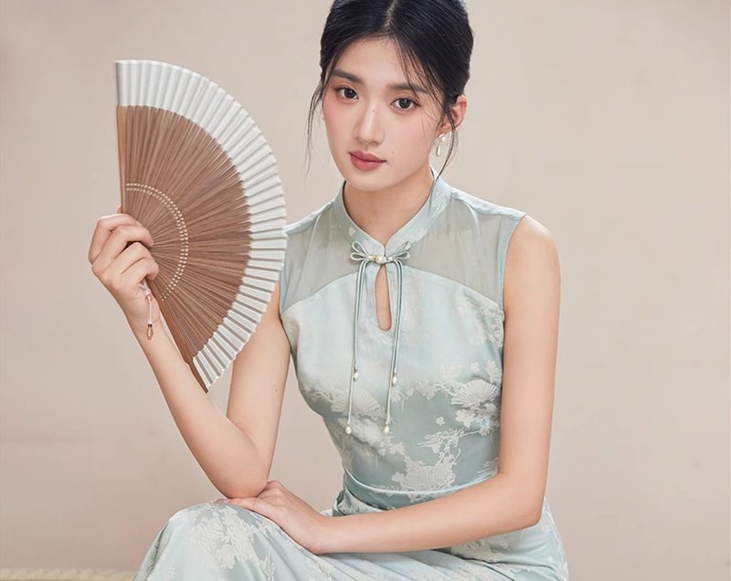 渺清影 新中式复古中國風 提花拼纱修身气质洋裝 - 洋装/连衣裙 - 其他材质 绿色