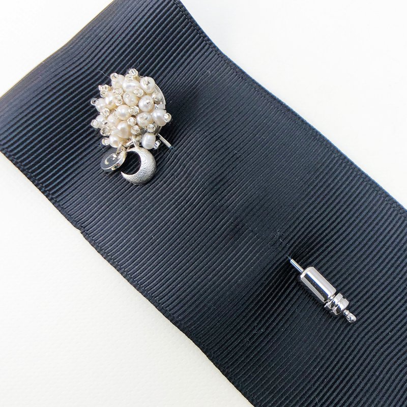 日本风格珍珠胸针 月亮星星胸针 个人化礼物 情人节礼物 新年礼物 - 胸针 - 珍珠 银色