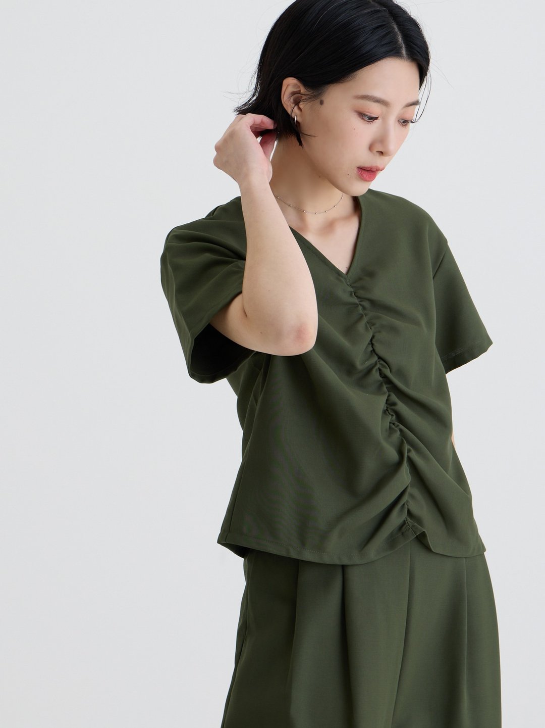 抓皱造型短袖上衣-煤绿 - 女装上衣 - 棉 绿色
