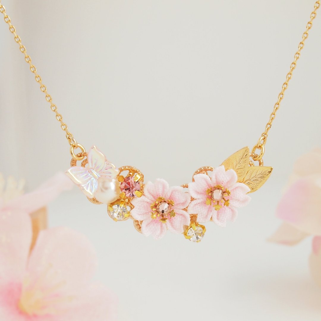 Cherry blossom necklace knob work - 项链 - 棉 粉红色