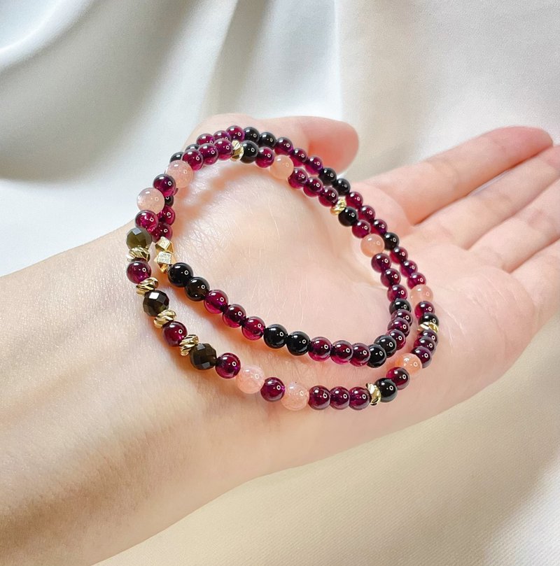 【严选】紫牙乌石榴石 黑玛瑙 橙月光 黑曜石 双圈水晶手链/细链 - 手链/手环 - 宝石 红色