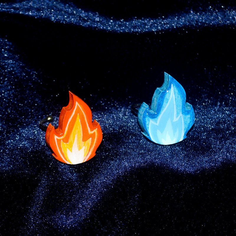 红色火焰 蓝色火焰 可调节戒指 手绘木制 小众设计 手工制作 - 戒指 - 木头 多色