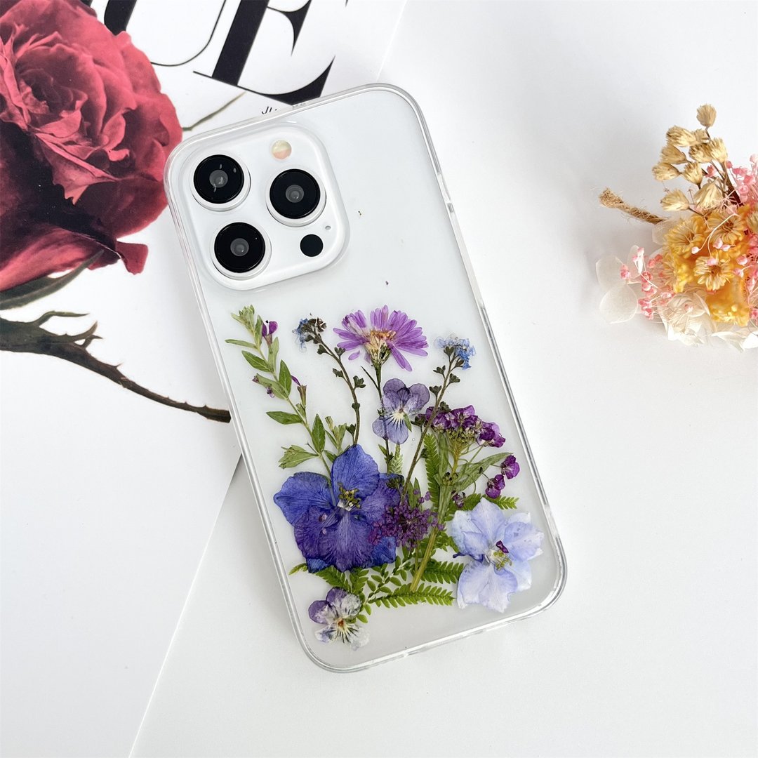 靛蓝色紫苑手作押花手机壳 适用于iPhone 16 Pro Max Samsung S25 - 手机壳/手机套 - 植物．花 