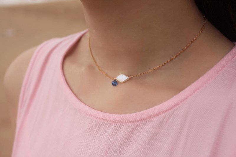 *hippie* Blue Soul│ 蓝色灵魂 天然珍珠湛蓝锆石14K包金颈项链 - 颈链 - 宝石 金色