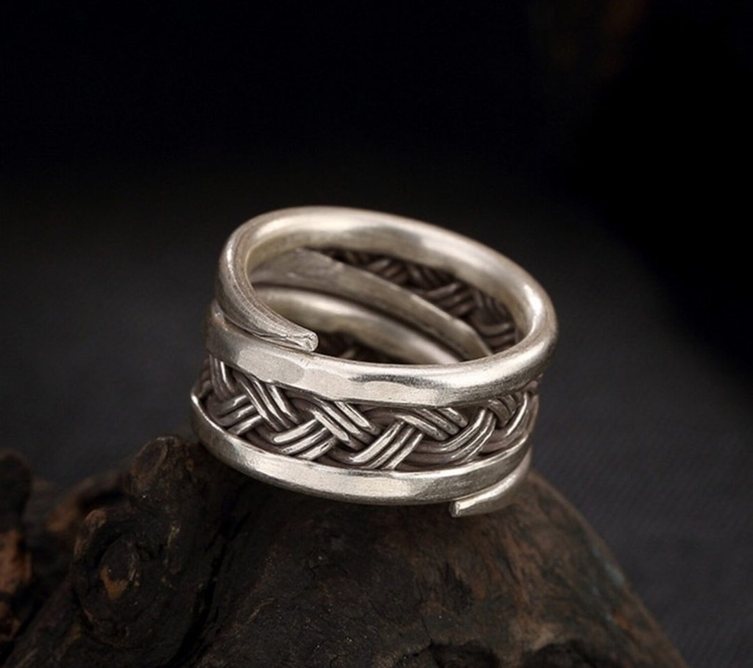 Real 925 Sterling Silver Handmade Ethnic Women Wide Open Finger Rings Twisted - 戒指 - 银 银色