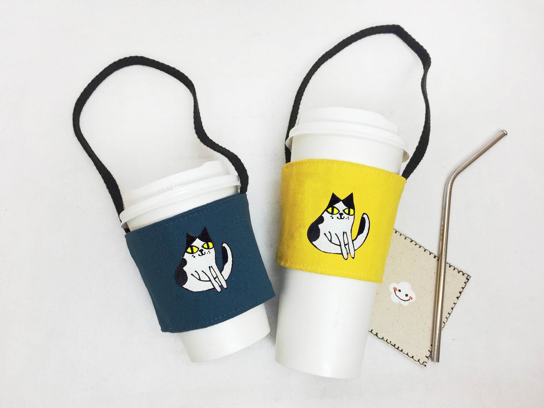 发呆母牛猫-帆布环保饮料提袋 -杯套提带款 - 随行杯提袋/水壶袋 - 棉 多色
