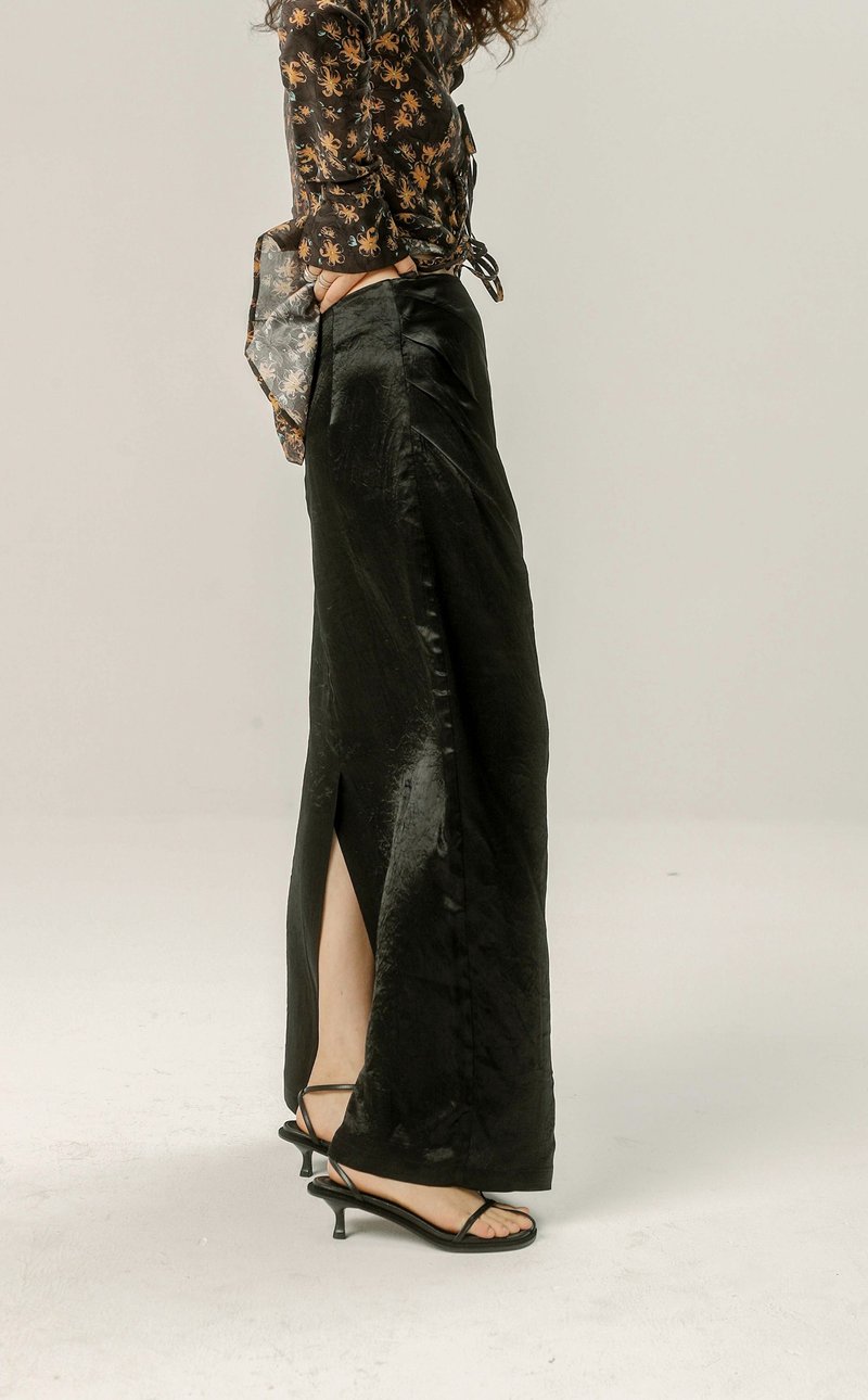 醋酸丝质 褶皱 显瘦半身裙 直筒 开叉 收褶长半裙 - 裙子 - 其他材质 黑色