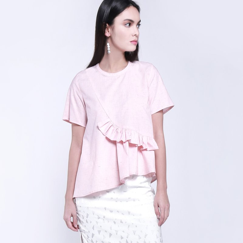 圆领绉褶浮边不规则下摆粉红色短袖上衣衬衫 - 女装上衣 - 棉．麻 粉红色