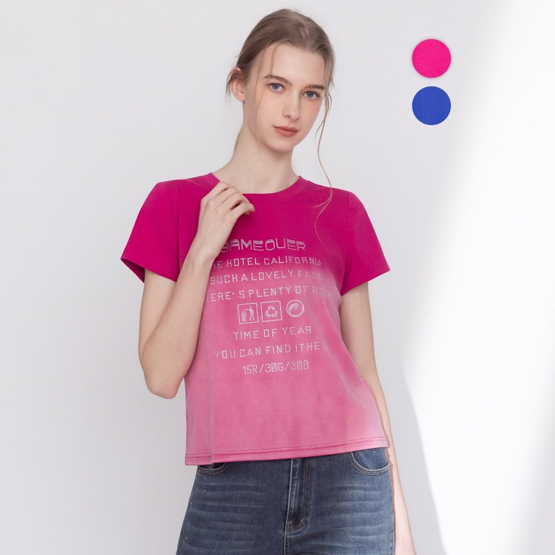 【MEDUSA】水钻字母水洗渐层棉 T - 2 色 (M-XL) | 女短袖 T 恤 水钻 T - 女装 T 恤 - 棉 粉红色