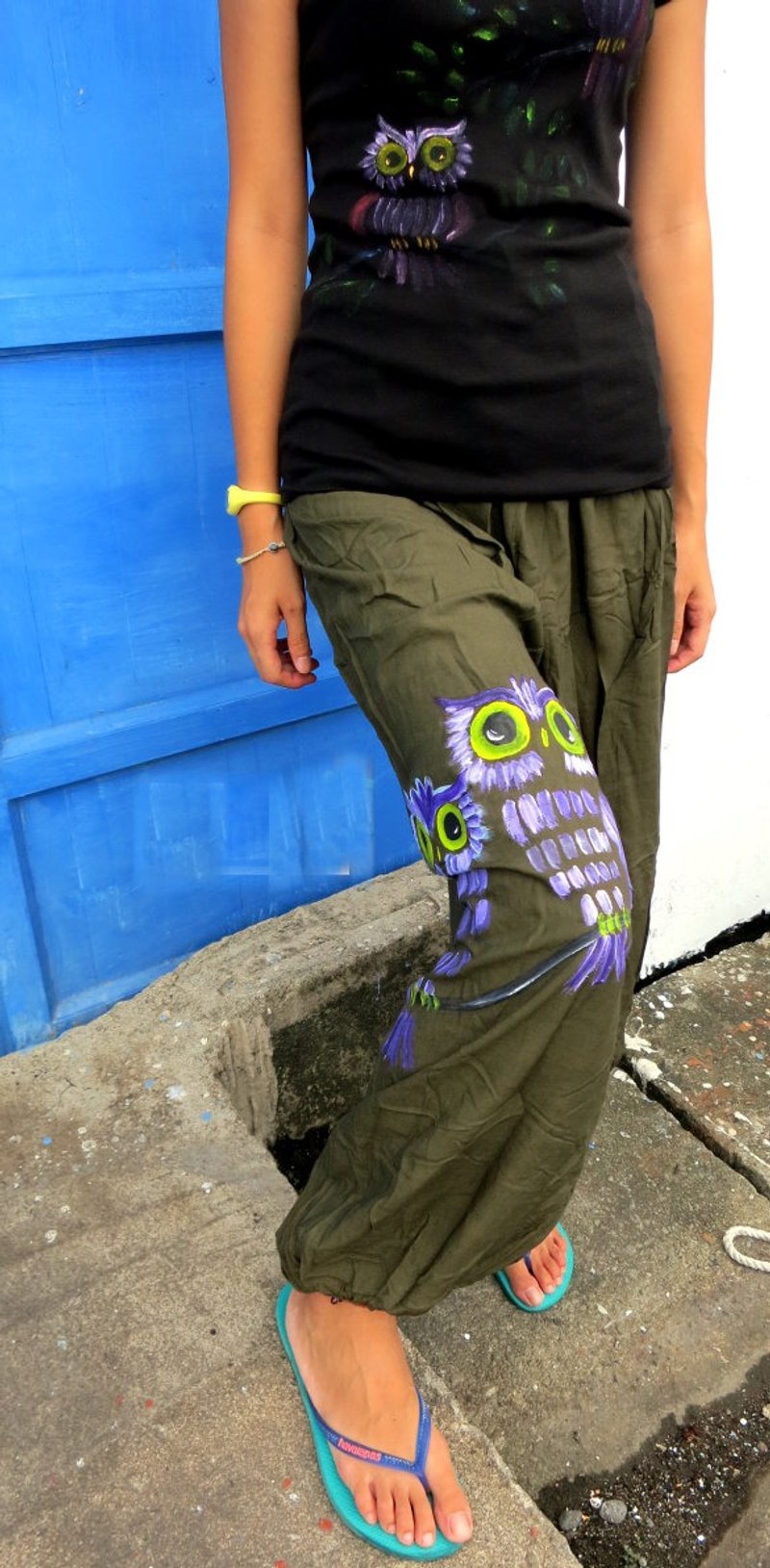 手工染 双子猫头鹰 棉麻灯笼裤( 中性款 / 男裤 / 女裤) - 中性裤装 - 棉．麻 多色