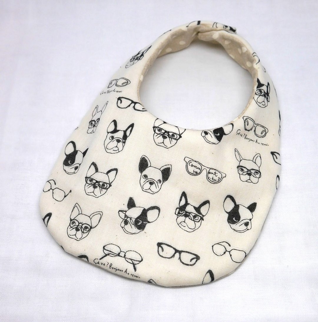 Japanese Handmade 8-layer- gauze Baby Bib /French bulldog white - 围嘴/口水巾 - 棉 白色