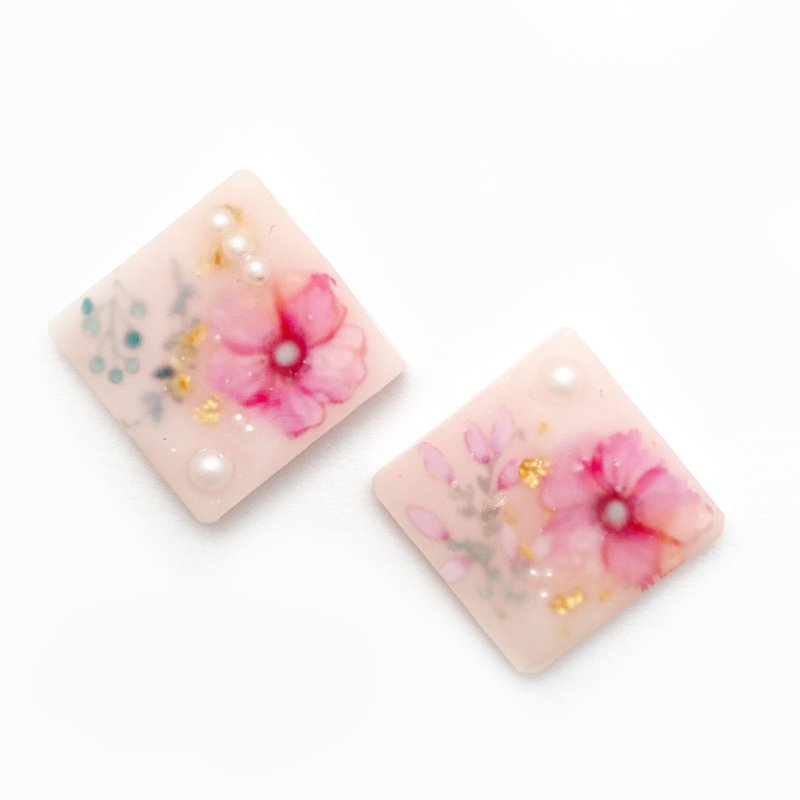 日本树酯薄纱珍珠水彩耳环.耳夹 - 耳环/耳夹 - 树脂 粉红色