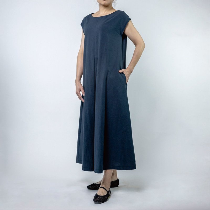 圆领打折洋装  天然棉麻 | 午夜蓝 - 洋装/连衣裙 - 棉．麻 
