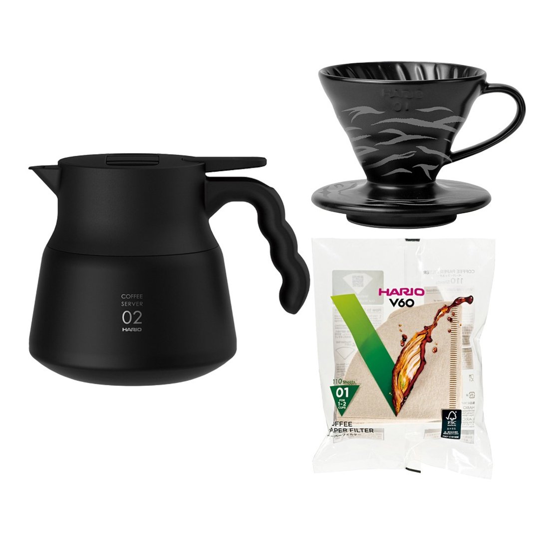 【HARIO】V60不锈钢保温咖啡壶黑色+限量虎纹滤杯+滤纸 - 咖啡壶/周边 - 不锈钢 黑色