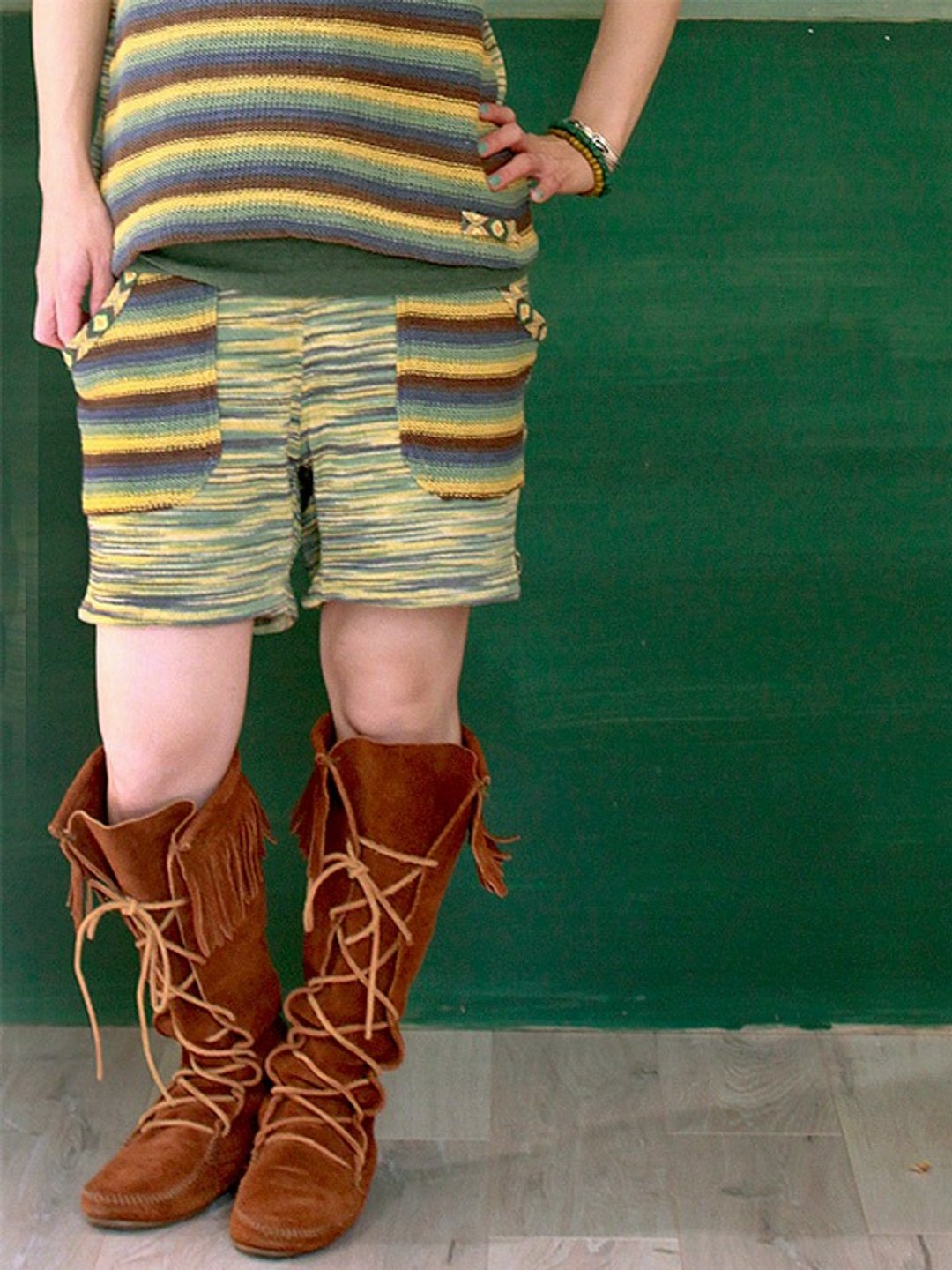 Border knit shorts - 女装长裤 - 棉．麻 蓝色
