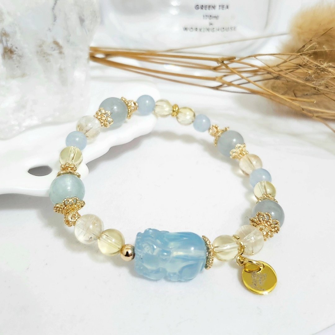 海蓝宝貔貅设计手链/正偏财都招、增强沟通能力之水晶 - 手链/手环 - 水晶 蓝色