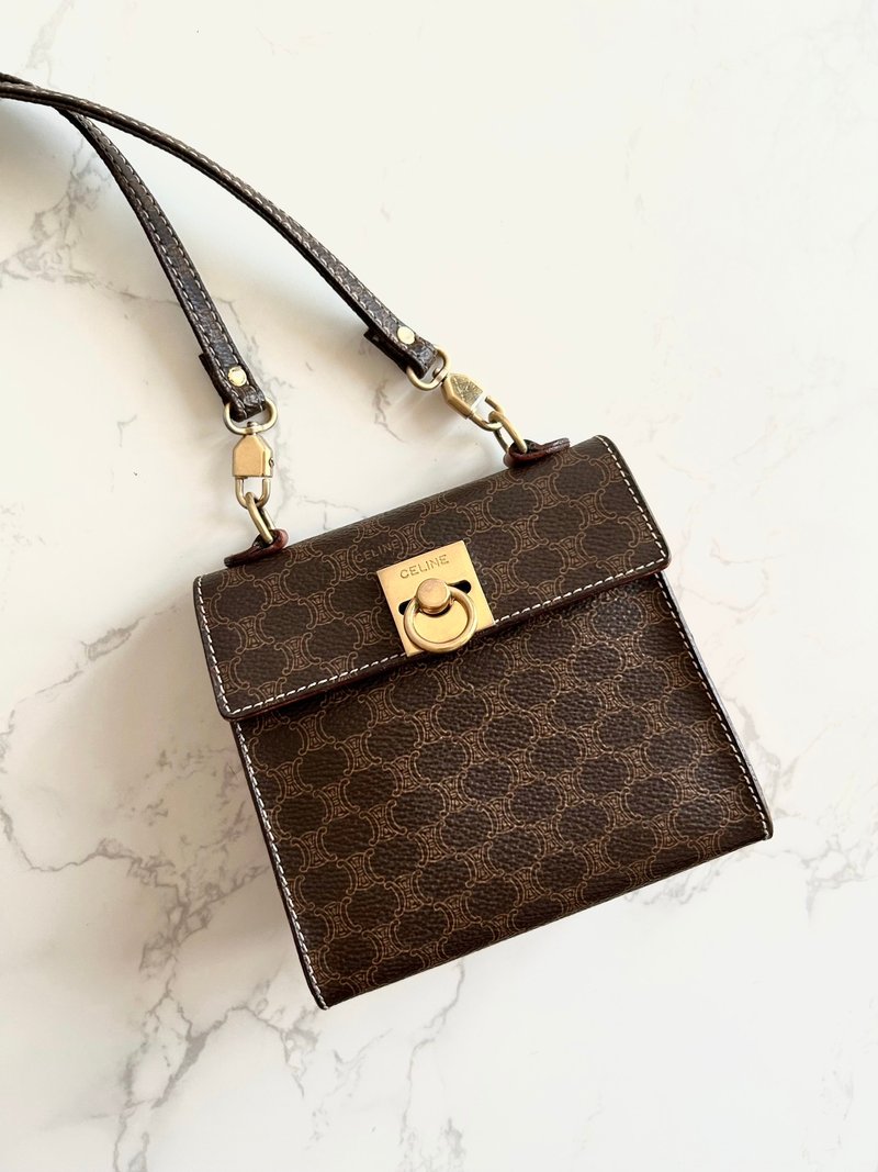 稀有中古二手Celine迷你凯莉棕色老花皮革单肩侧背斜孭背包手袋 - 侧背包/斜挎包 - 真皮 咖啡色