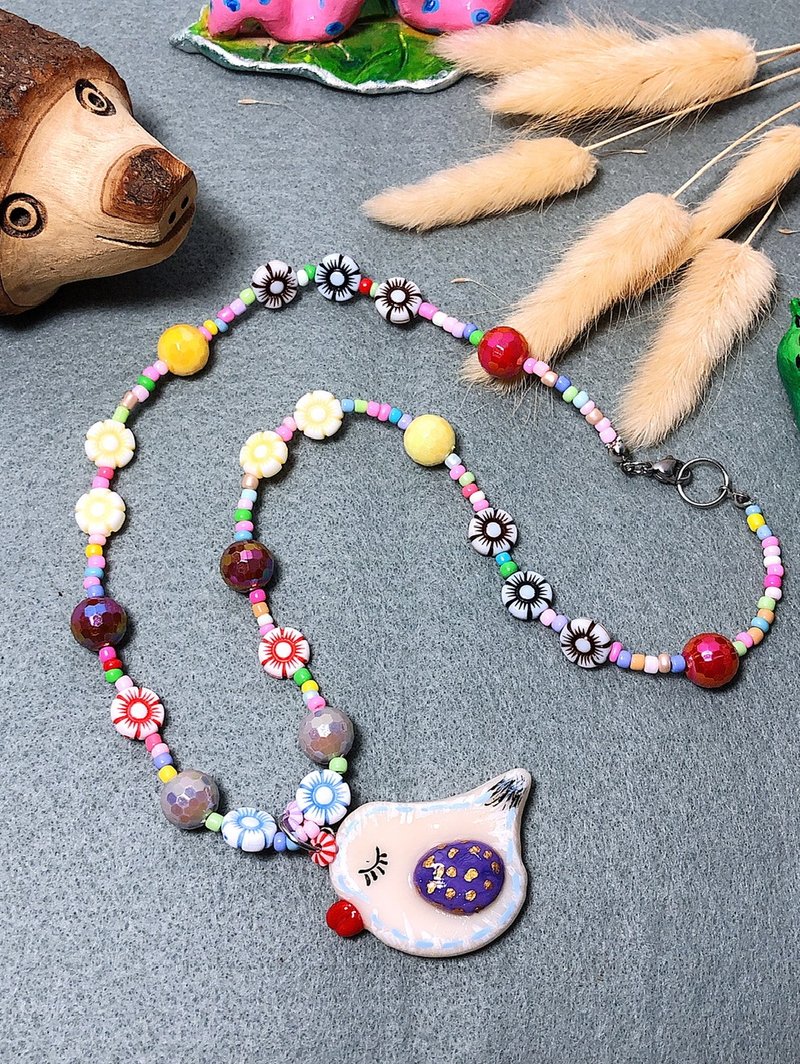 幸运鸟 手作黏土项链 陶土 手绘捏制 钢丝线不锈钢扣 串珠 - 项链 - 粘土 白色