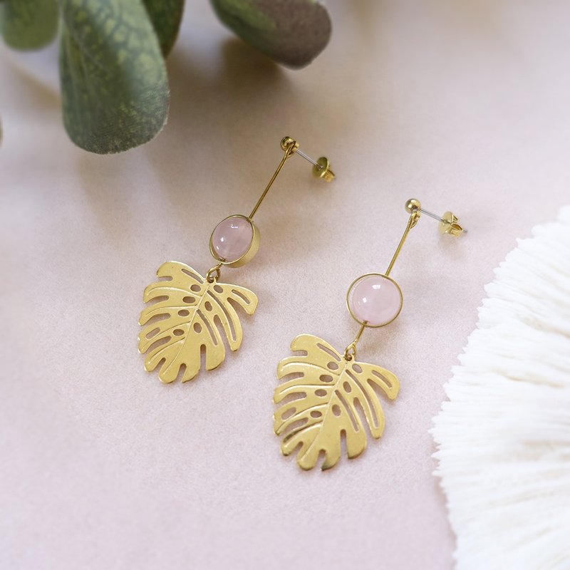 龟背芋 Hortensia 荷冬希亚 黄铜耳环 粉晶 耳钉 / 耳夹 - 耳环/耳夹 - 铜/黄铜 金色