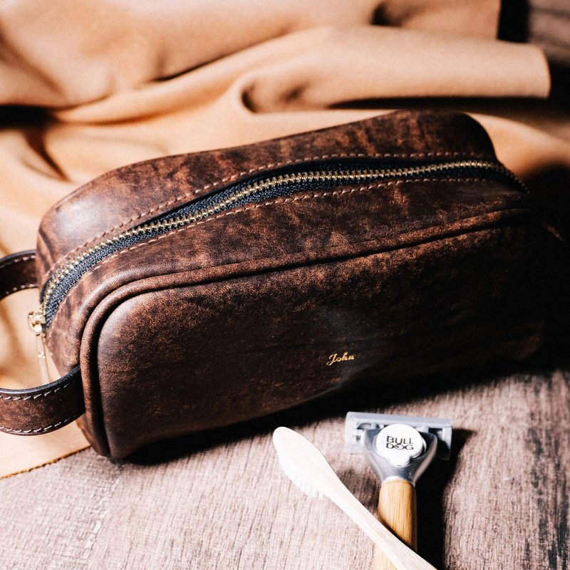 【定制化礼物】意大利 HABANA 擦色皮革旅行收纳包・化妆包 - 化妆包/杂物包 - 真皮 橘色