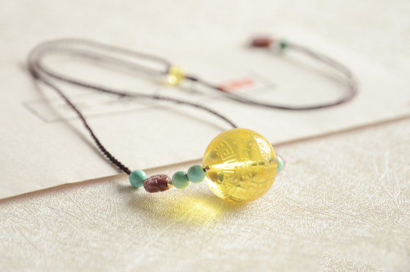 【惜拾】Amber  天然金珀雕刻观音心经短款项链 - 项链 - 宝石 黄色