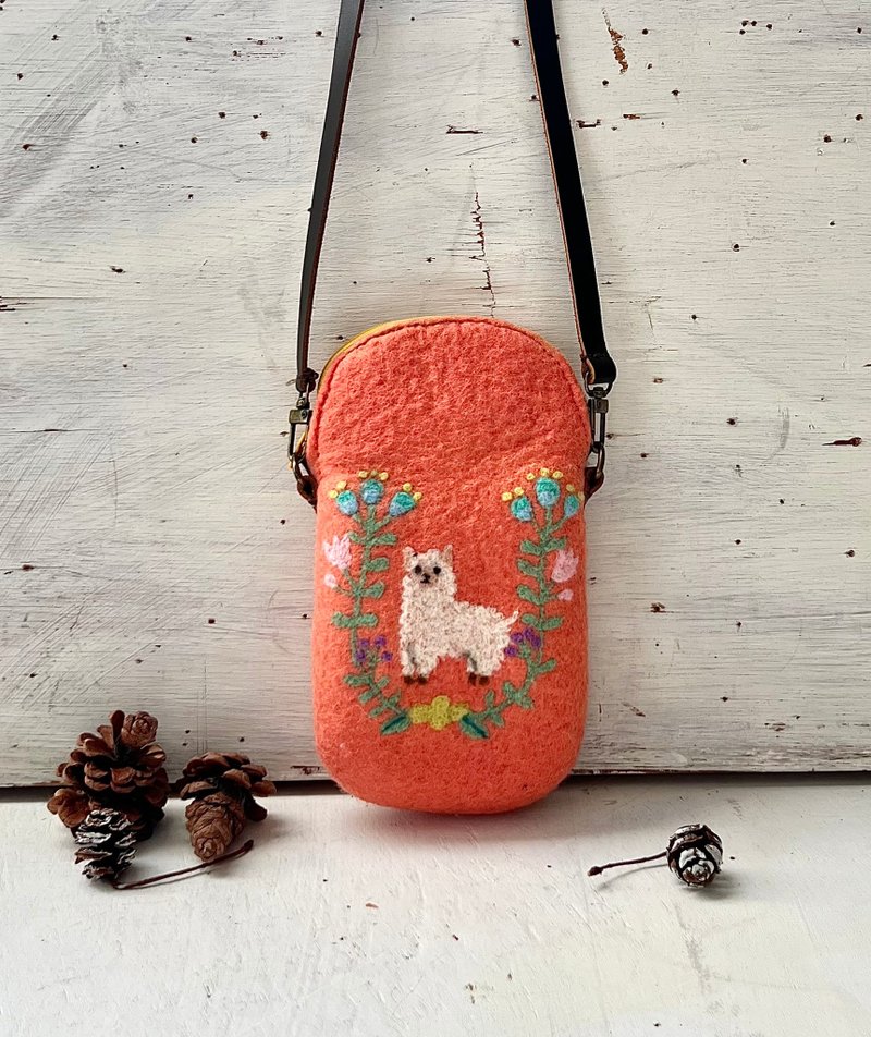 羊毛毡花圈与动物造型小提袋/斜背包 - 花与羊驼 - 侧背包/斜挎包 - 羊毛 橘色