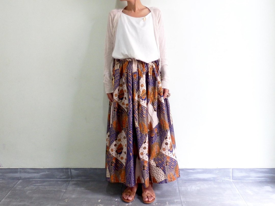 Bird pattern batik / Gold rimmed adult cute skirt / Blue - 裙子 - 棉 蓝色