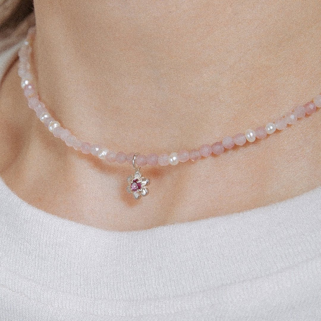 mini flower beaded necklace 花朵宝石串珠项链 石榴石与粉晶 - 项链 - 宝石 粉红色